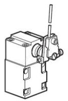Pneumatický ventil ovládaný kovovým prutem (vpravo a vlevo) s pružinou uvnitř pro koncový spínač